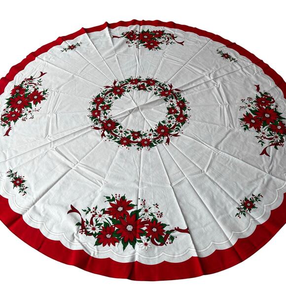 Vintage Christmas Holiday Tablecloth round white red poinsettias cotton poly 80s - Picture 5 of 9